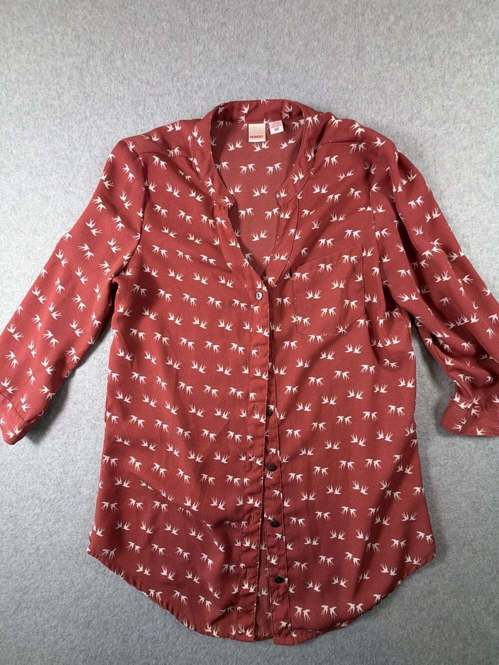 Bongo Bird Print Button Down Roll Tab Sleeve Blouse